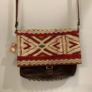 Pamela V. Leather and textile crossbody bag NWT